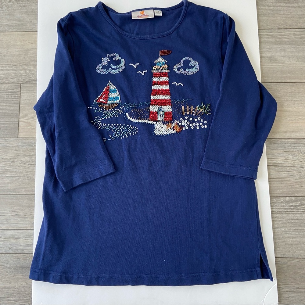 Quacker Factory 3/4 sleeve Nautical Sequin & Beaded Lighthouse Top - S Small EUC